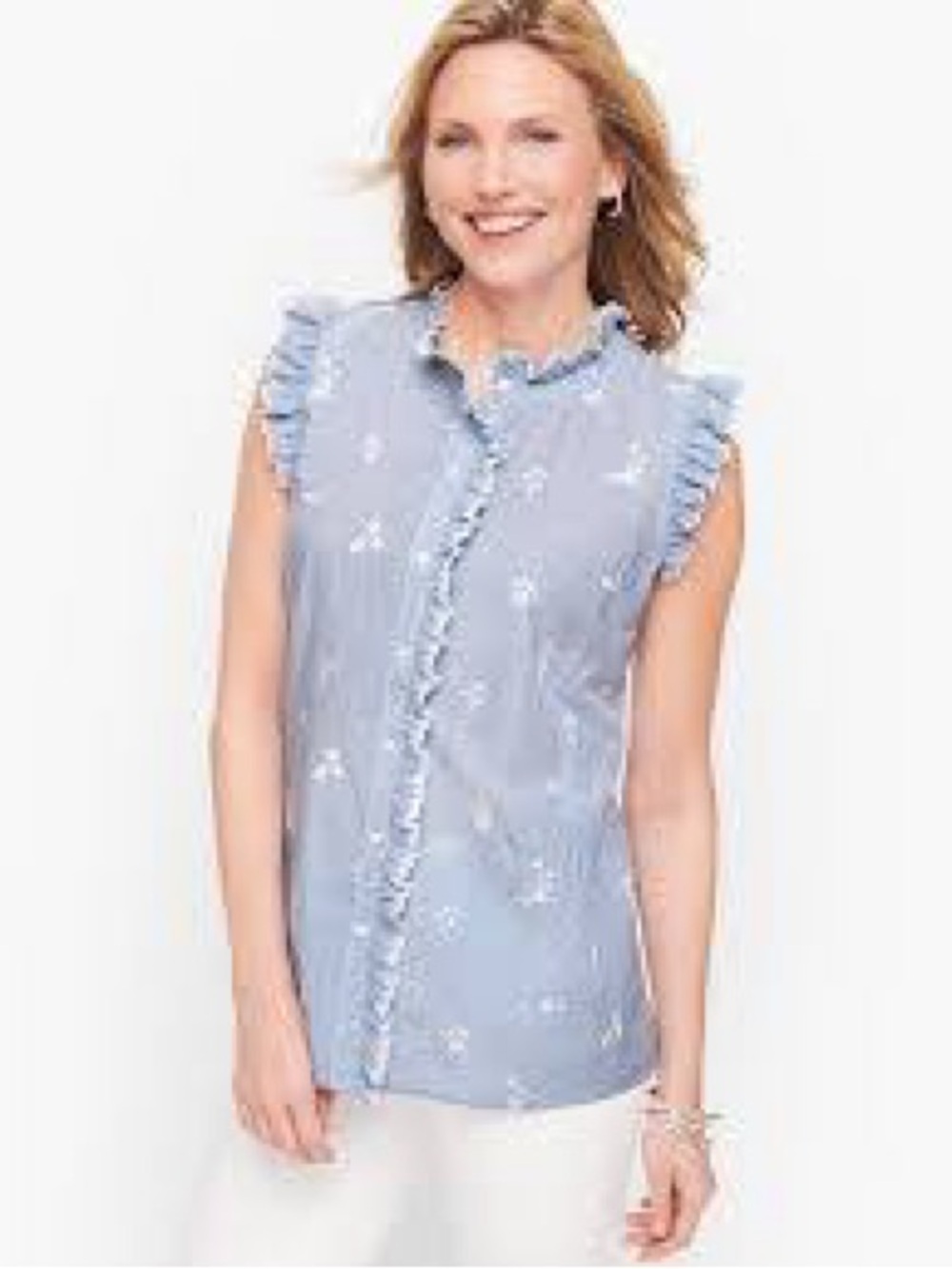 Talbots Embroidered Floral Stripe Shell Button Down Blouse Women’s Size Large